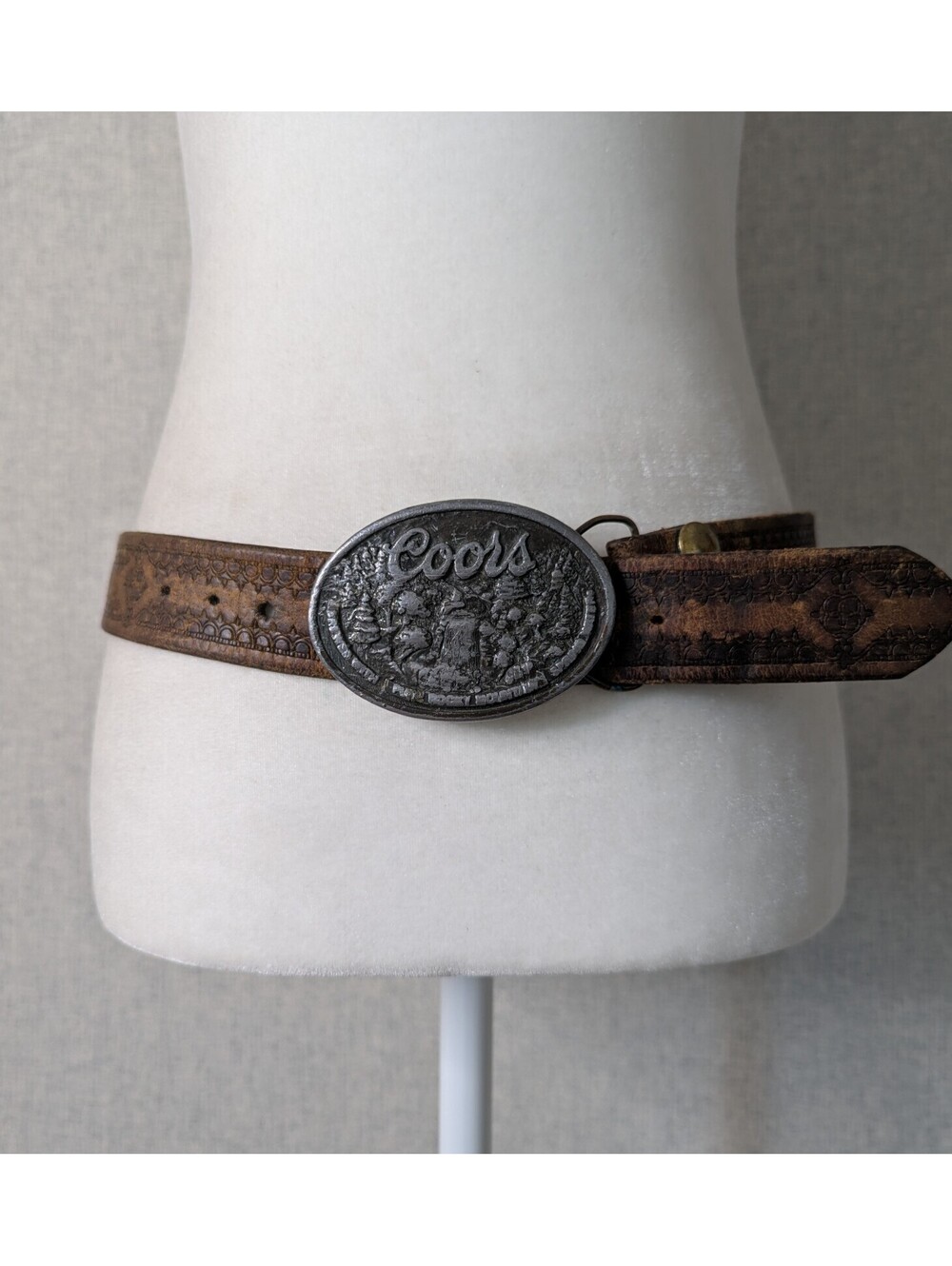 Vintage 70s-80s Coors bottle opener buckle tooled distressed leather belt